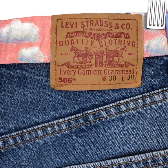Levi’s 505 DIY Distressed Cutoff Hand Painted Rainbow Cloud Denim Jean Shorts - Picture 8 of 13